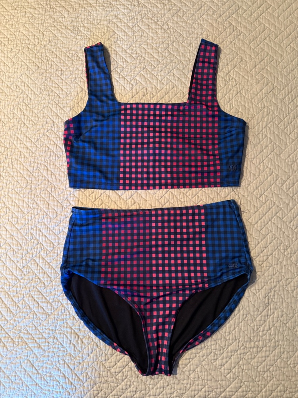 Albion Blue and Pink Gingham High-Waist Bikini Set